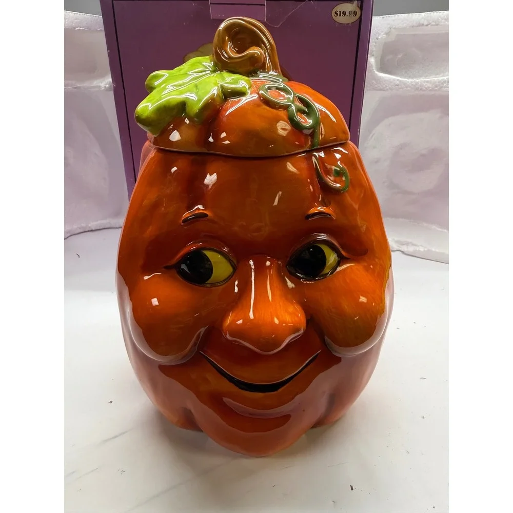 Vintage Halloween Ceramic Pumpkin Cookie Jar SmilingJack O Lantern Orange Glossy